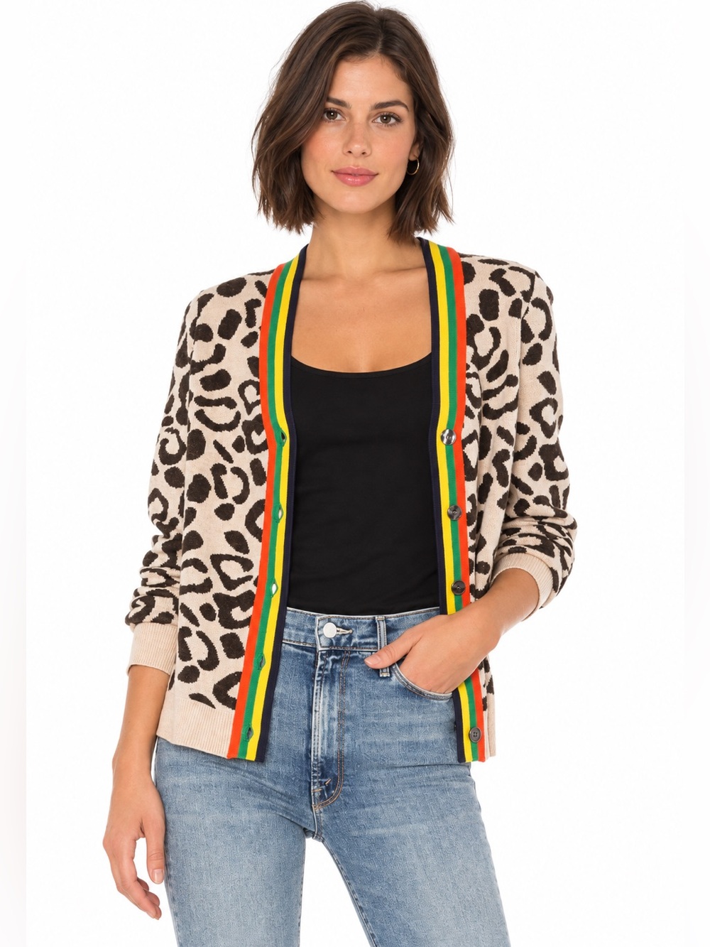 KULE The Cat Leopard Cardigan Rainbow Stripe V-Neck Sweater SZ S Boho